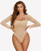Nude rhinestone mesh long-sleeve square-neck bodysuit.