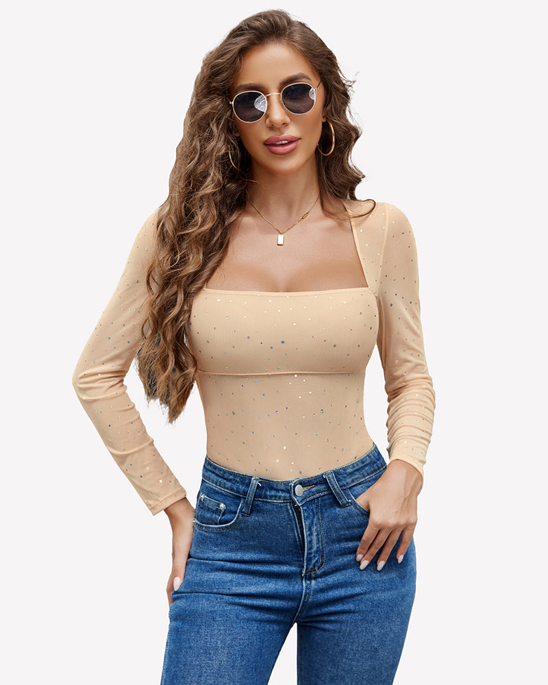 Nude rhinestone mesh long-sleeve bodysuit, square neckline, sparkle details
