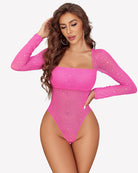 Rose pink rhinestone mesh long-sleeve bodysuit, square neckline, sparkle dots