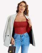 Red rhinestone mesh long-sleeve bodysuit, square neckline, sparkle dot print