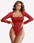Red rhinestone mesh long-sleeve bodysuit, square neckline, sparkle details