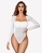White rhinestone mesh long-sleeve bodysuit, square neckline, sparkle dots