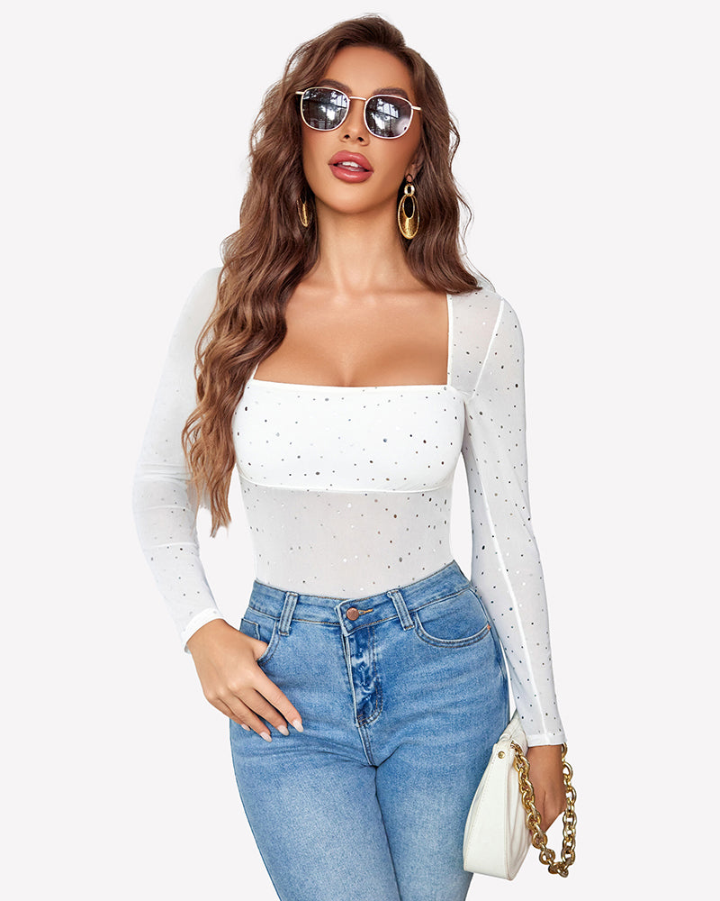 White rhinestone mesh long-sleeve bodysuit with square neckline and sparkle dots