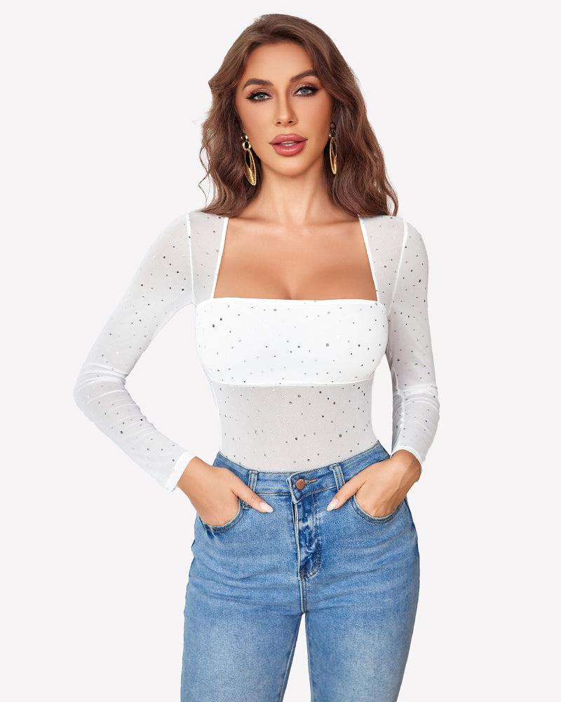White rhinestone mesh long-sleeve bodysuit, fitted square neckline, sparkle dots