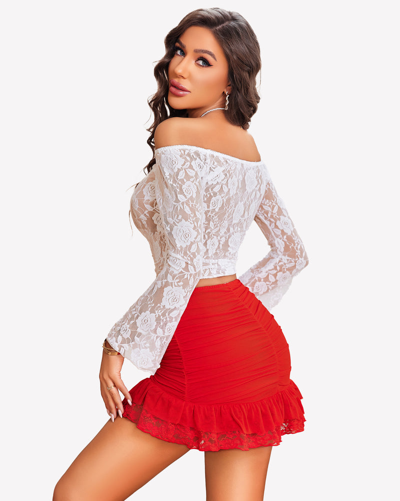 Ruched bodycon mini skirt with ruffled double-layer hem, red side view