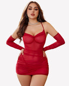 Red sheer mesh lingerie mini dress with long gloves and V-neck bust