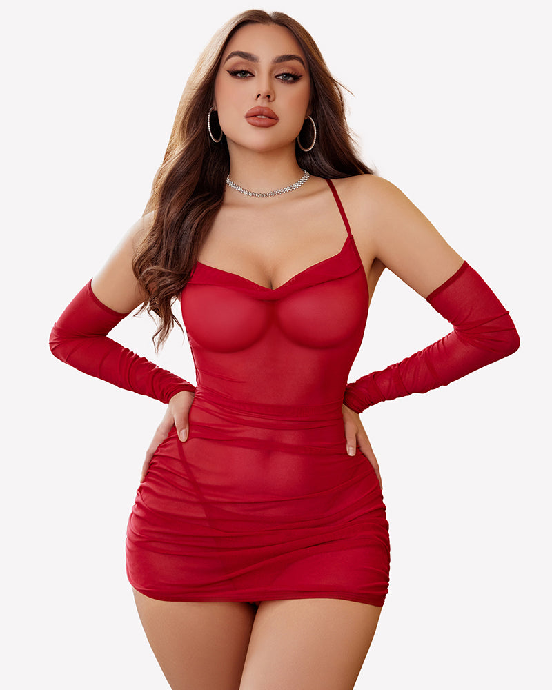 Red sheer mesh lingerie mini dress with long gloves and V-neck bust