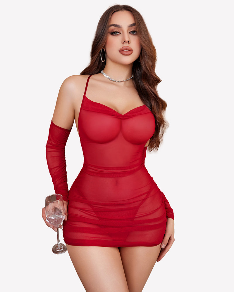 Red sheer mesh lingerie mini dress with long gloves and ruched waist