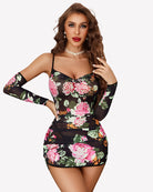 Sheer mesh mini dress with long gloves, black base floral print in pink roses