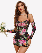 Sheer mesh mini dress with long gloves, black base floral print in pink roses
