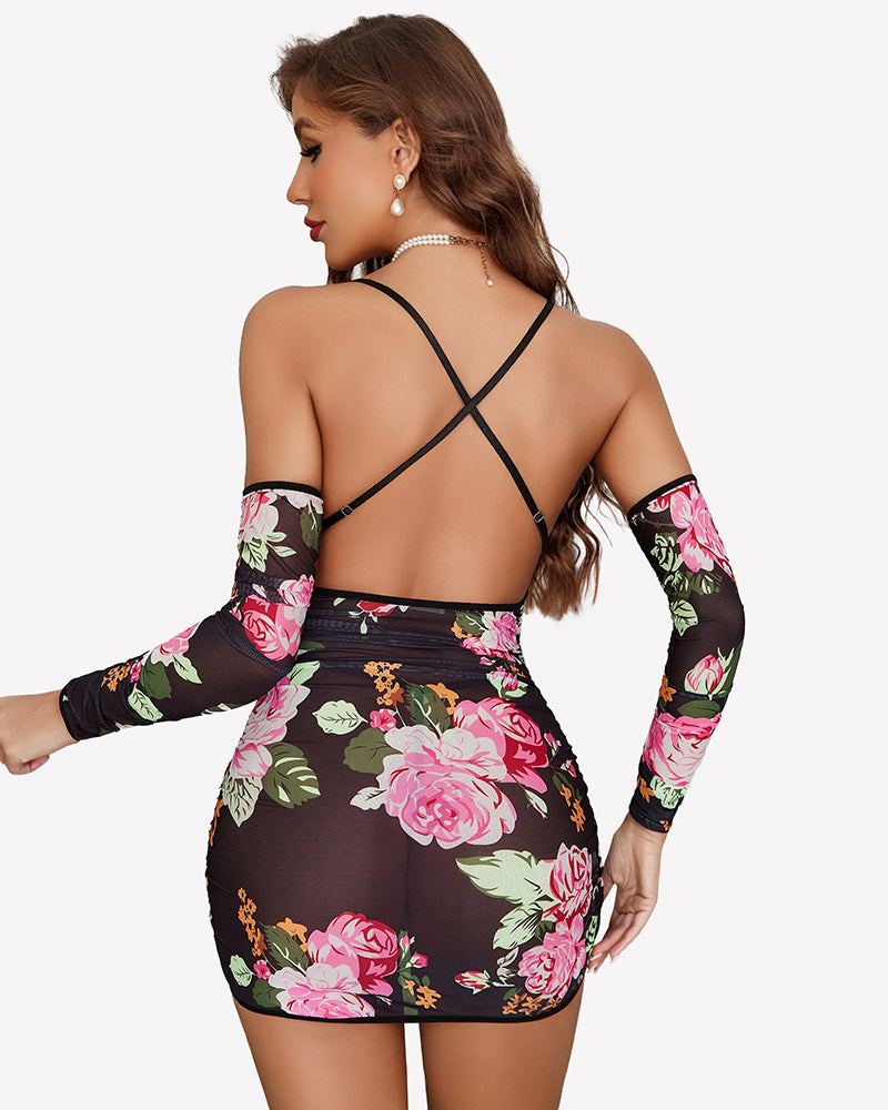 Sheer mesh mini dress with long gloves, black base rose floral print; open back