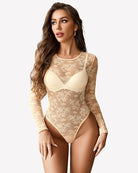 Champagne long-sleeve sheer mesh lace bodysuit with floral lace pattern