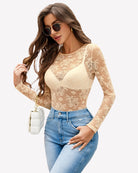 Champagne long-sleeve sheer mesh lace bodysuit with lace V-shaped panel