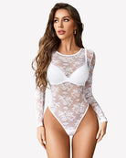White long-sleeve sheer mesh lace bodysuit with floral lace pattern