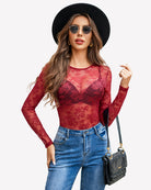 Wine red lace sheer mesh bodysuit with long sleeves and scoop neckline