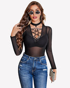Black mesh long-sleeve bodysuit with deep V lace-up neckline and jeans