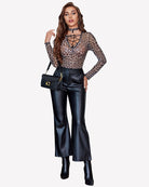 Leopard-print long-sleeve mesh bodysuit with deep V and crisscross front