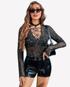 Black star-print mesh bodysuit with long sleeves and crisscross deep V lace front