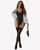 Black lace bodysuit set with garter straps and thigh-high stockings