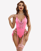 Pink lace bodysuit set with garter straps and lace trim