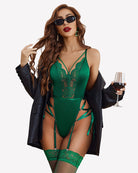 Lace bodysuit lingerie set in green with garter straps and scalloped lace trim