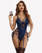 Lace bodysuit lingerie set in navy blue with garter straps and lace plunge front