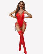 Lace bodysuit lingerie set in red with garter straps, thigh ties, and lace trim