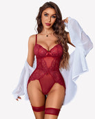 Wine red lace bodysuit with garter belt and thigh straps, sweetheart cups