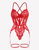Red lace cross-back straps teddy with underwire cups and thong back