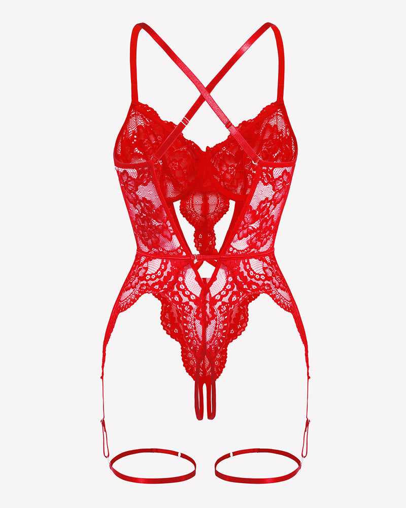 Red lace cross-back teddy with crisscross straps and garter-style leg straps