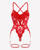 Red lace cross-back teddy with crisscross straps and garter-style leg straps