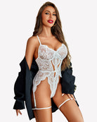 White lace cross-back teddy with underwire cups and garter-style leg straps