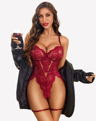 Wine red lace teddy babydoll with cross-back straps and underwire cups