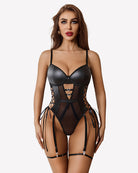 Black leather mesh teddy with underwire cups and garter straps, front view