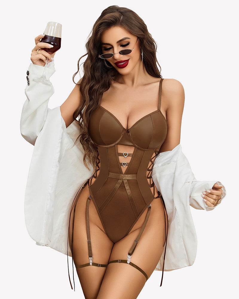 Brown leather mesh teddy with heart cutout and garter straps, front view