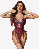 Dark red leather mesh teddy with heart cutout and garter straps, front view