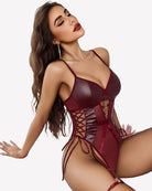 Dark red leather mesh teddy with underwire cups and garter straps, side view