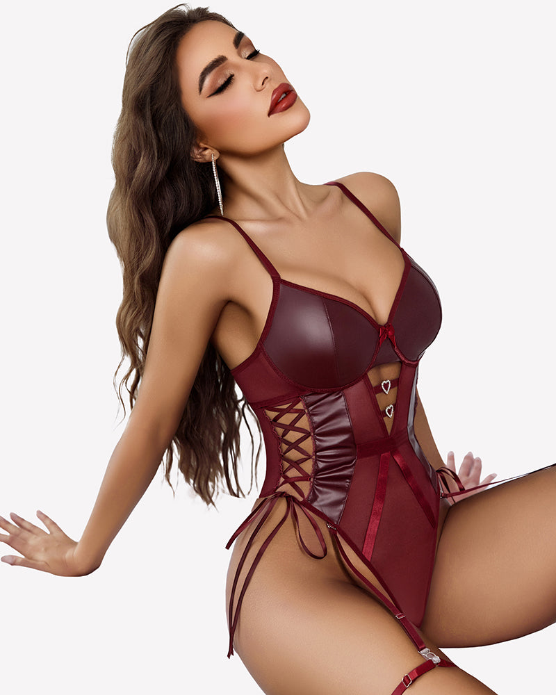Dark red leather mesh teddy with underwire cups and garter straps, side view