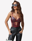 Dark red leather mesh teddy with heart cutout and garter straps, front view