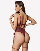 Dark red leather mesh teddy with open-back cutout and garter straps, back view