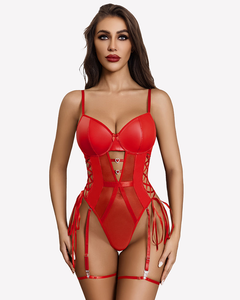Red leather-mesh teddy bodysuit with garter belt, underwire cups and lace-up sides