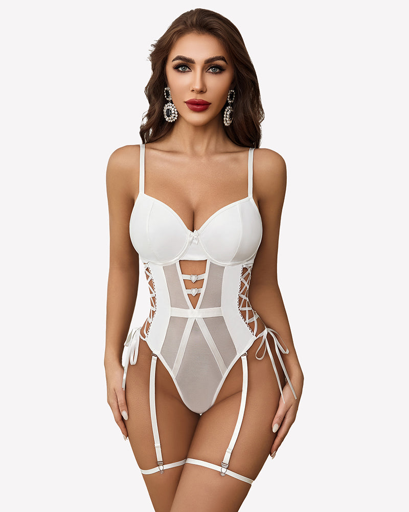 White leather-mesh teddy with garter belt, strappy lattice front and garter loops