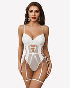 White leather-mesh teddy with garter belt, strappy lattice front and garter loops