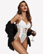 White leather-mesh teddy with garter belt and lace-up paneling, side garter straps