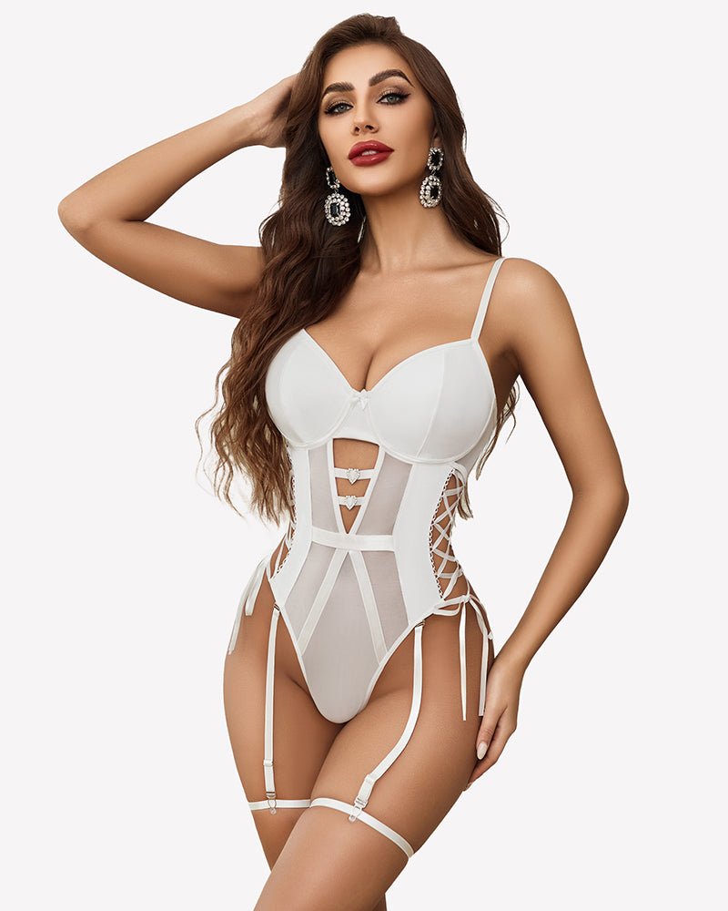White leather-mesh teddy with garter belt, underwire cups and strappy cutouts