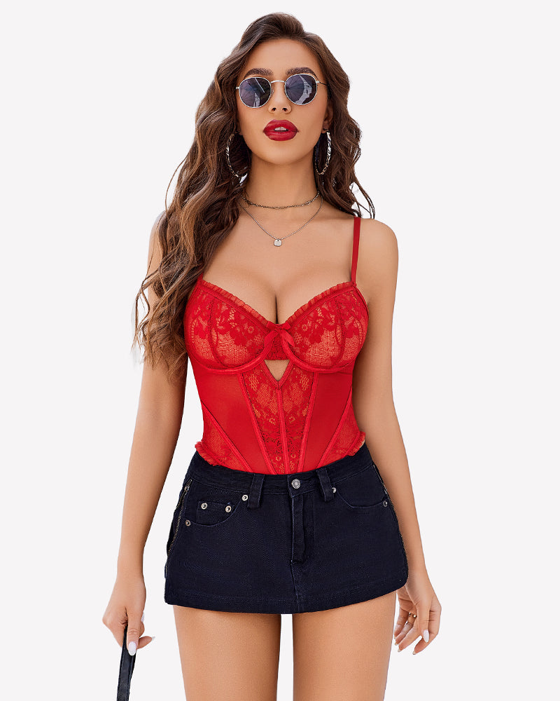 Red lace push-up bodysuit with balconette cups and corset lace detailing
