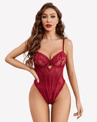 Wine-red lace push-up bodysuit with underwire cups and corset lace front panel