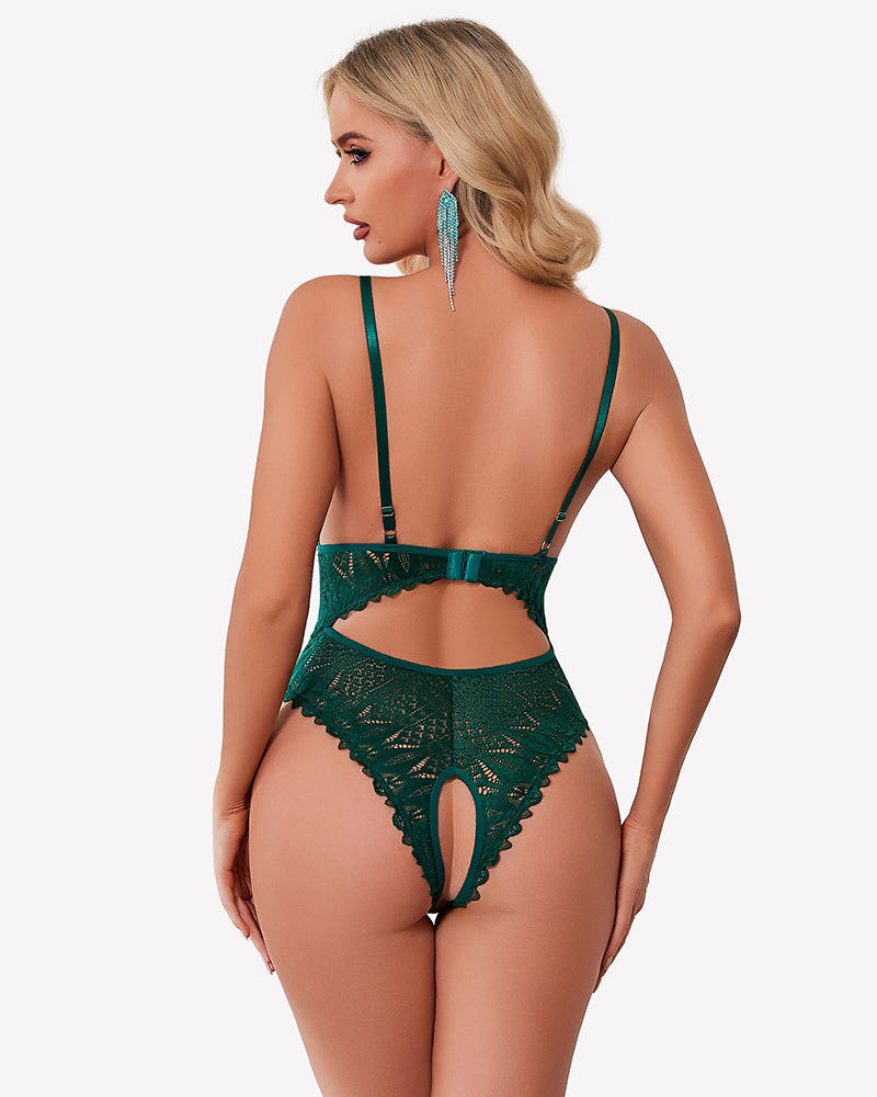 Green lace teddy with crisscross back straps and high-cut brief