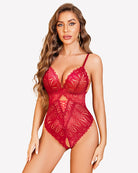 Red lace deep V teddy with crisscross front and adjustable straps
