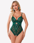 Green lace deep V teddy with crisscross front and adjustable straps